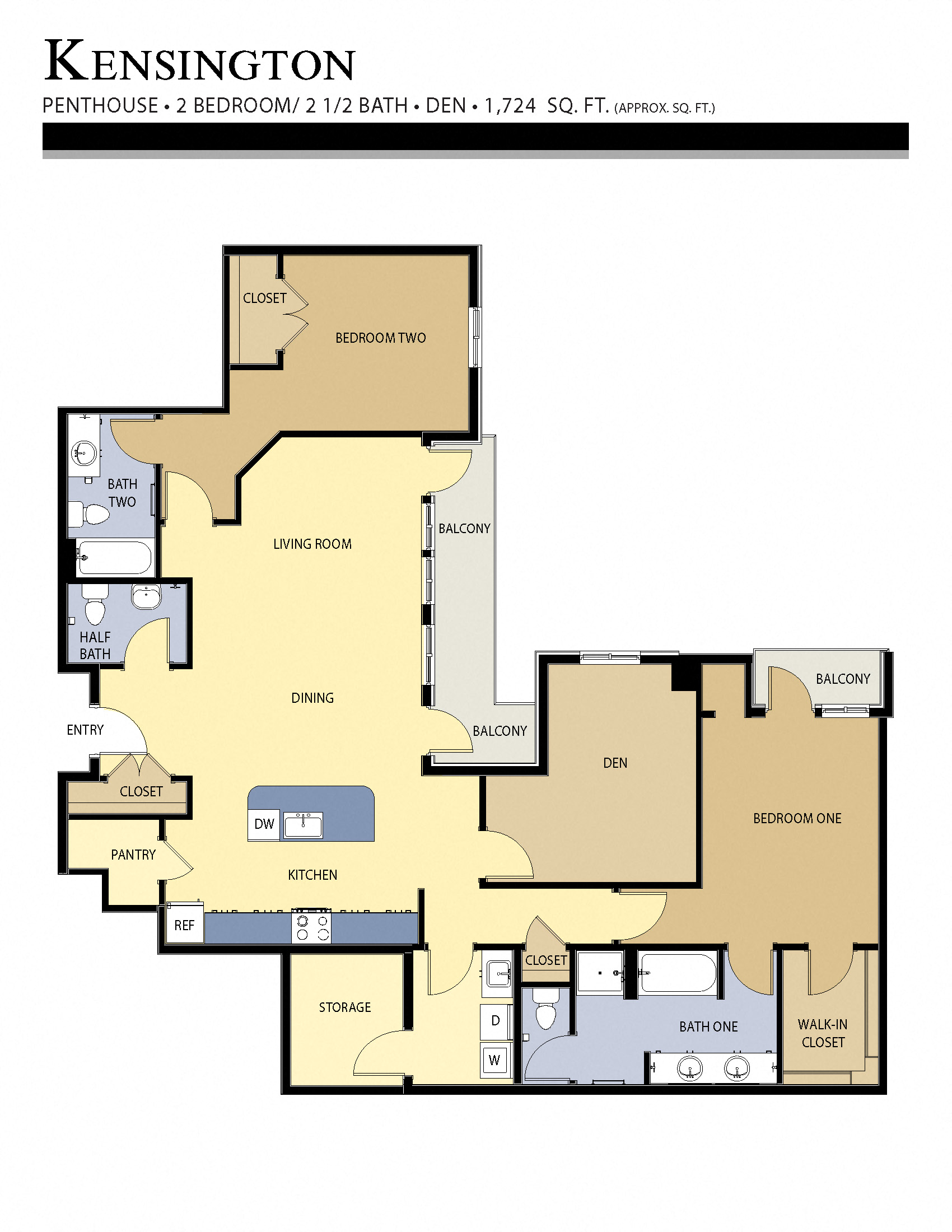 Floor plan for 2 beds, 2.5 baths, 1724 sqft
